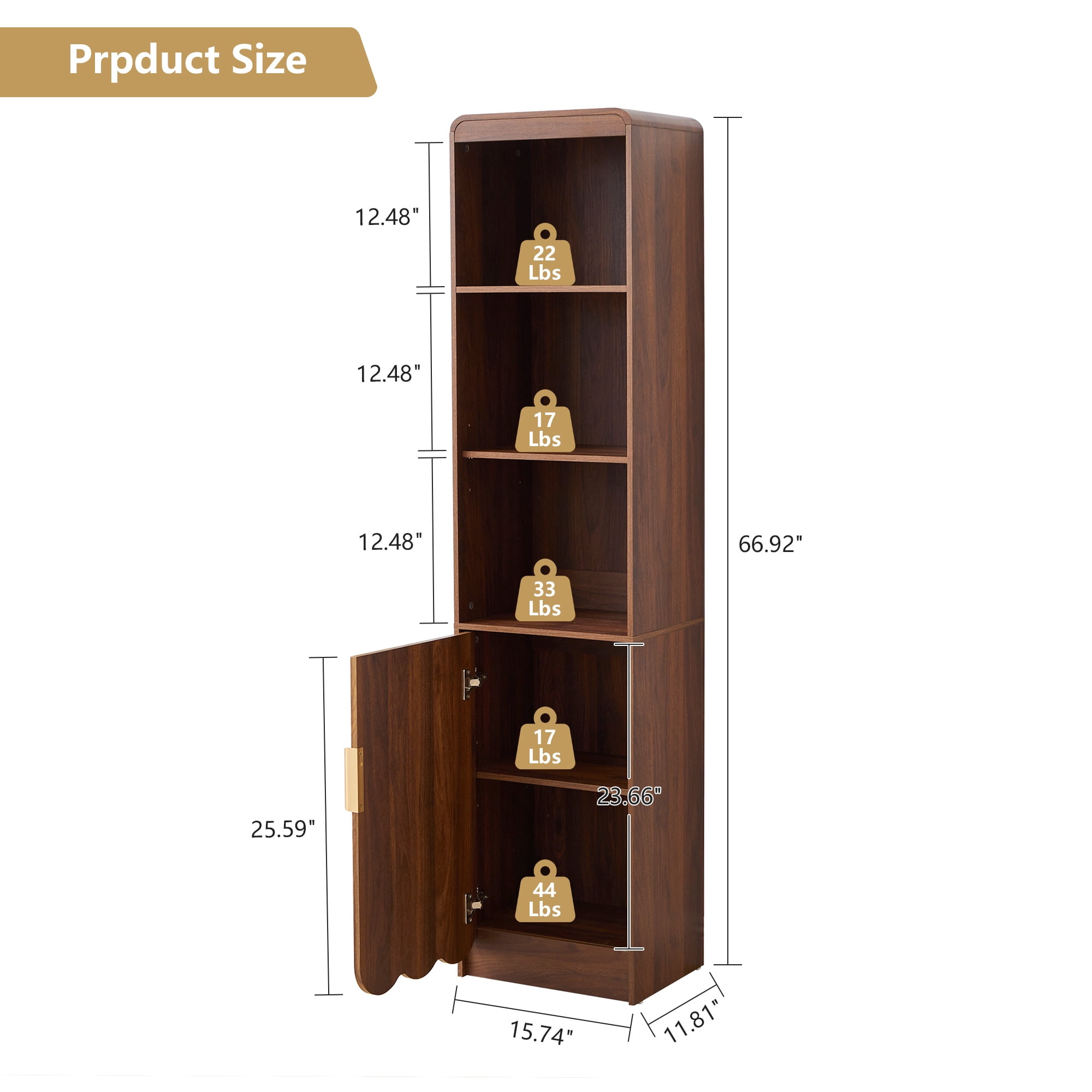 YOCWO 67" Tall Bathroom Storage Cabinet with Adjustable Shelves, 5 Tiers & 1 Door Bathroom Storage Tower with Wave Panel & Mental Handle, Freestanding Narrow Cabinet for Small Spaces, Walnut