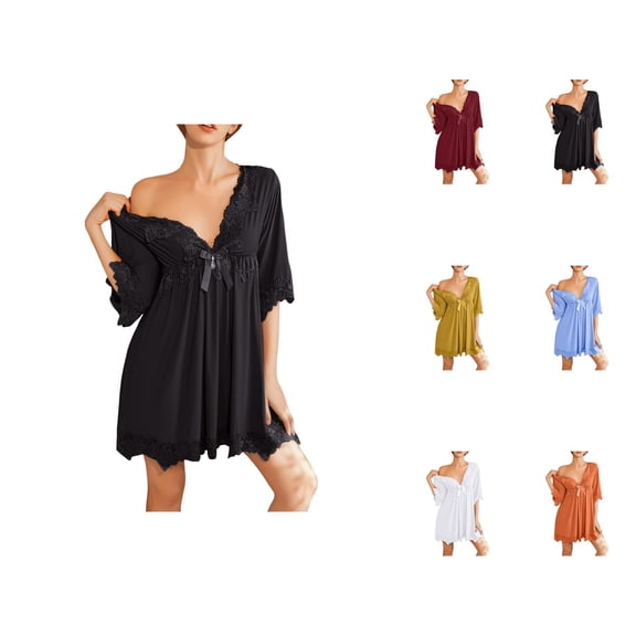 Nightgowns for Women Elbow Sleeve Lace V Neck Bow Center Ruffle Flowy Silky Pajama Dress Sleepwear