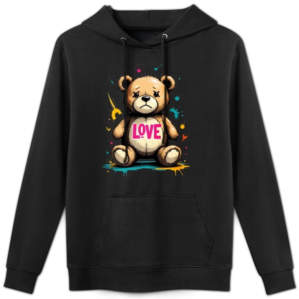 Sudadera con capucha y estampado de oso de peluche "Love", mezcla de algodón suave, manga larga, estilo informal para mujeres y adolescentes