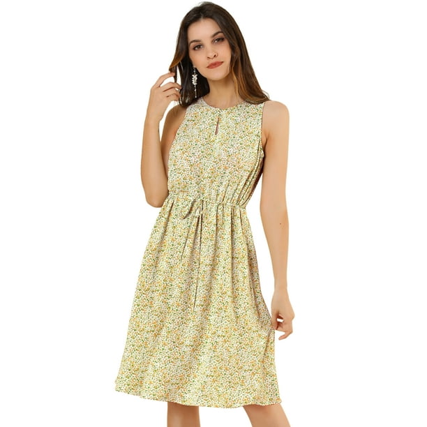 Vestido A Media Pierna Sin Mangas Con Cuello Dividido Y Cintura Con Cordón Estampado Para Mujer Amarillo claro XS