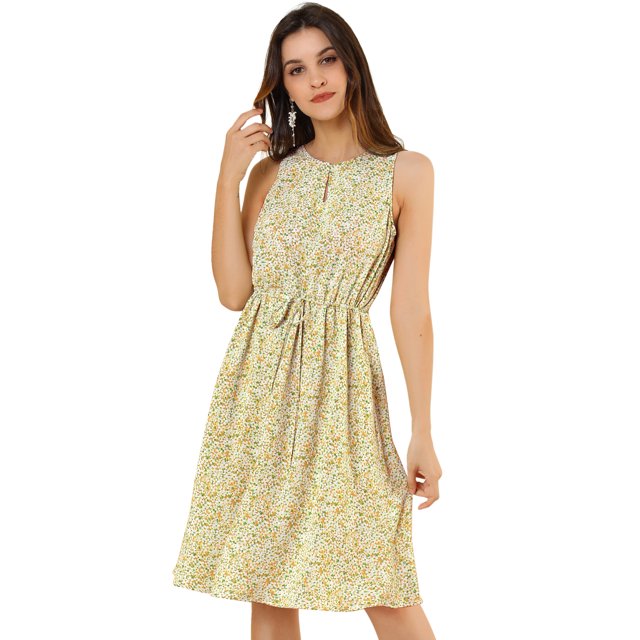 Vestido A Media Pierna Sin Mangas Con Cuello Dividido Y Cintura Con Cordón Estampado Para Mujer Amarillo claro XS