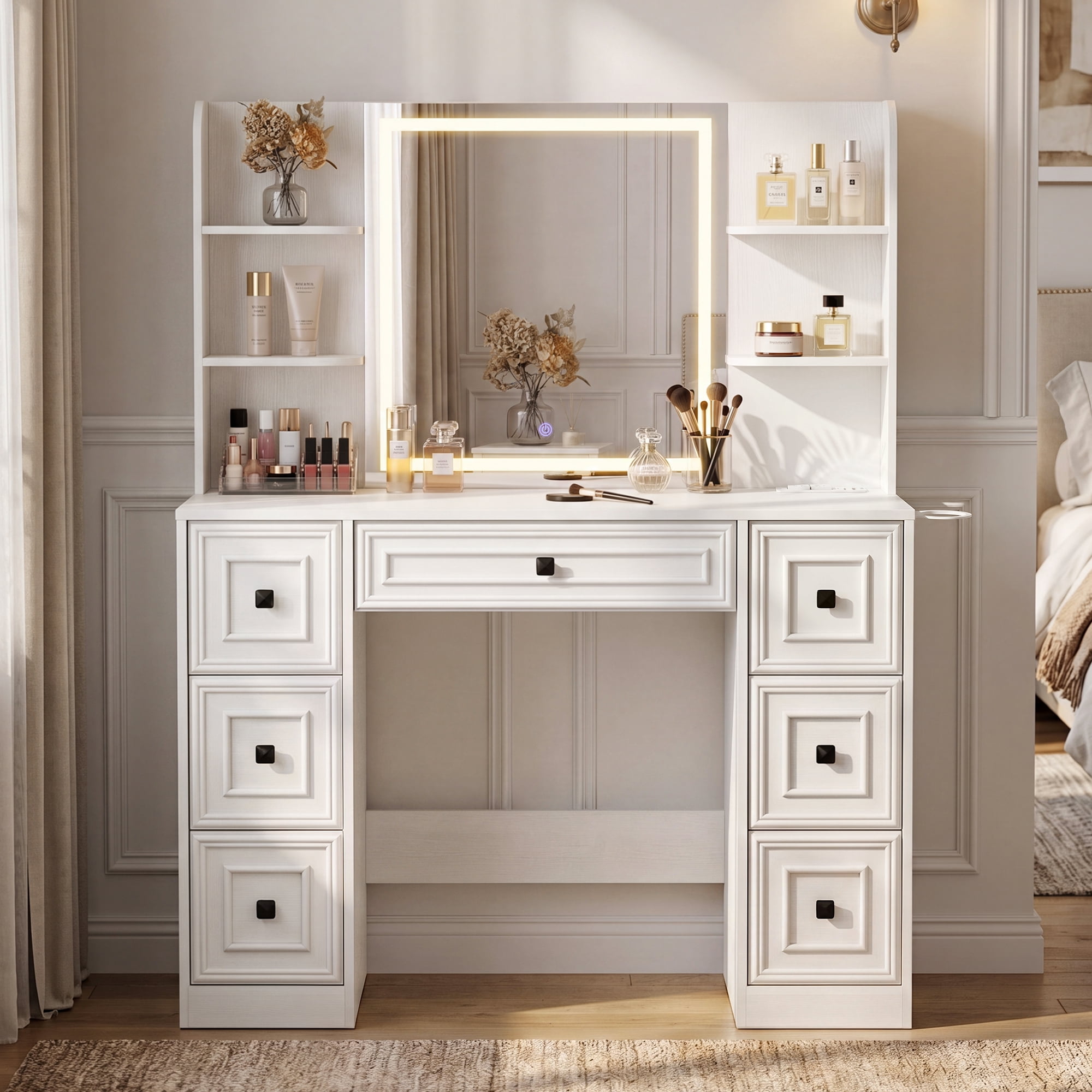 Lacoo Makeup Vanity Desk with LED Lighted Mirror & Charging Station, 7 Drawers Vanity Table with Open Shelves & Hair Dryer Holder for Bedroom Dressing Room, White