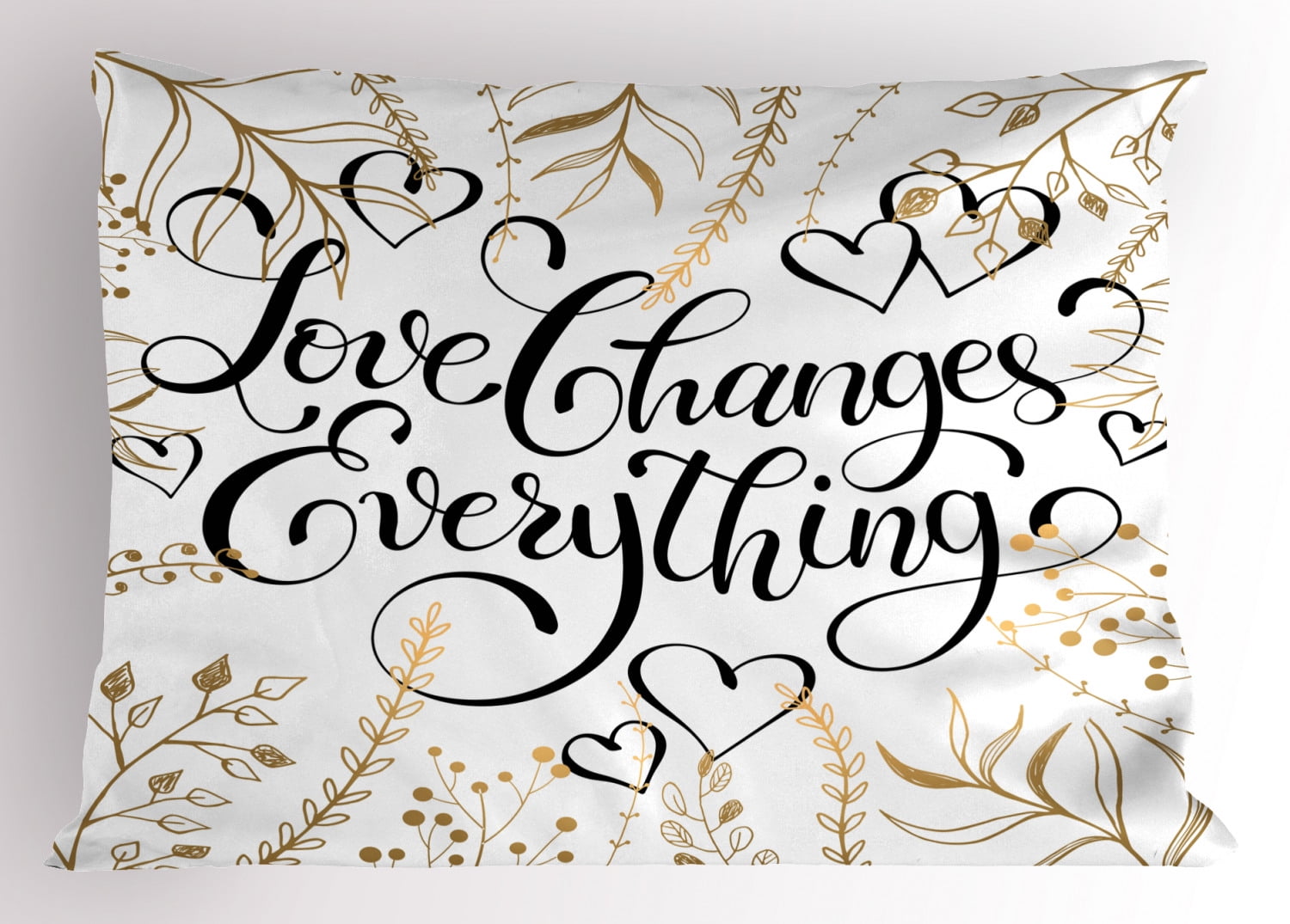 Romantic Pillow Sham Golden Foliage Pattern Frame Style with Heart Shapes and Inspirational Quote, Decorative Standard Queen Size Printed Pillowcase, 30 X 20 Inches, Gold White Black, by Ambesonne