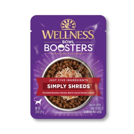 Wellness Bowl Boosters Simply Shreds Wet Dog Food Topper for Small, Medium, & Large Breeds, Grain Free, Natural, Chicken, Beef & Carrots, 2.8 Ounce Pouch (Pack of 12)