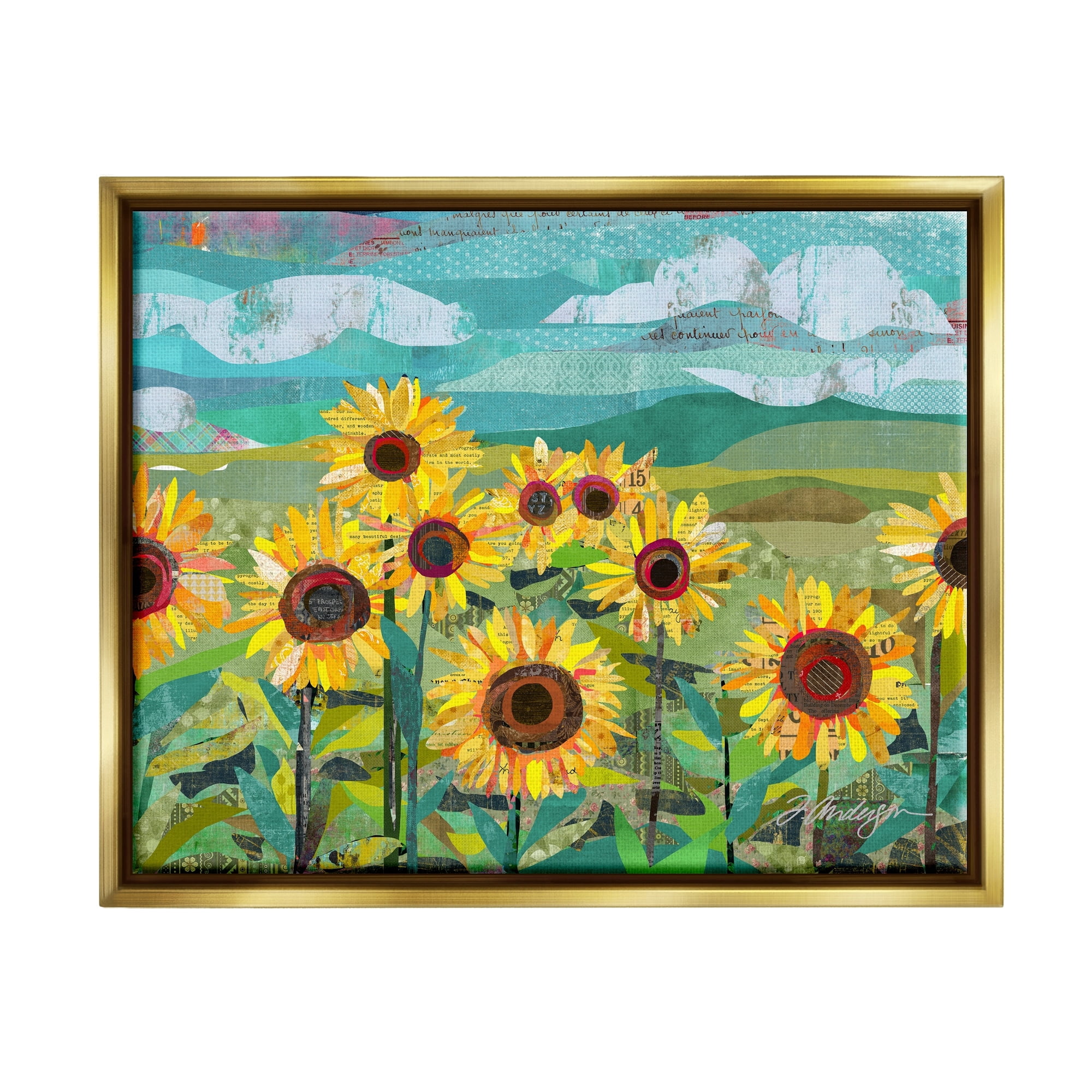 Stupell Industries Collaged Sunflower Field Abstract Layered Ephemera Meadow Graphic Art Metallic Gold Floating Framed Canvas Print Wall Art, Design by Traci Anderson