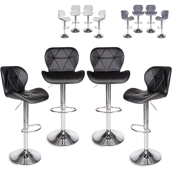 Set De 4 Bancos De Cocina Mostrador Barra Silla Taburete Comedor Respaldo Alto Altura Regulable y Función Giratoria 360° (4 Piezas Negro Cromado)
