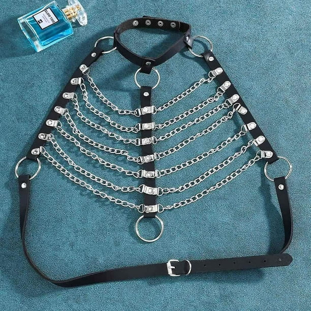 Punk Layered Body Chain Black Leather Bra Caged Harness Choker Bra