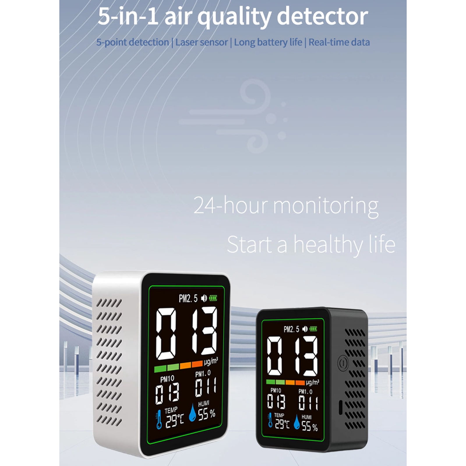 5-in-1 Indoor Air Quality Monitor with Laser Sensor - Accurate Real-Time Tracking for PM1.0 PM2.5 PM10, Temperature & Humidity, LCD Color Screen, USB-C Portable
