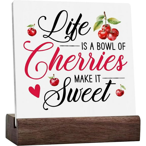 Ceramic Sign 4x4 Inch Cherry Ceramic Desk Sign Cherry Decor Cherry Bathroom Decor Summer Decorations For Home Farmhouse Desk Decor Plaque Sign with Wood Stand For Table Tiered Tray Home Farmhouse