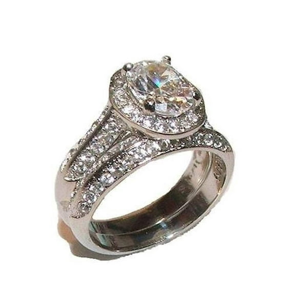 Women's 2 Piece Halo Cz Wedding Band Ring Set Solid Stainless Steel