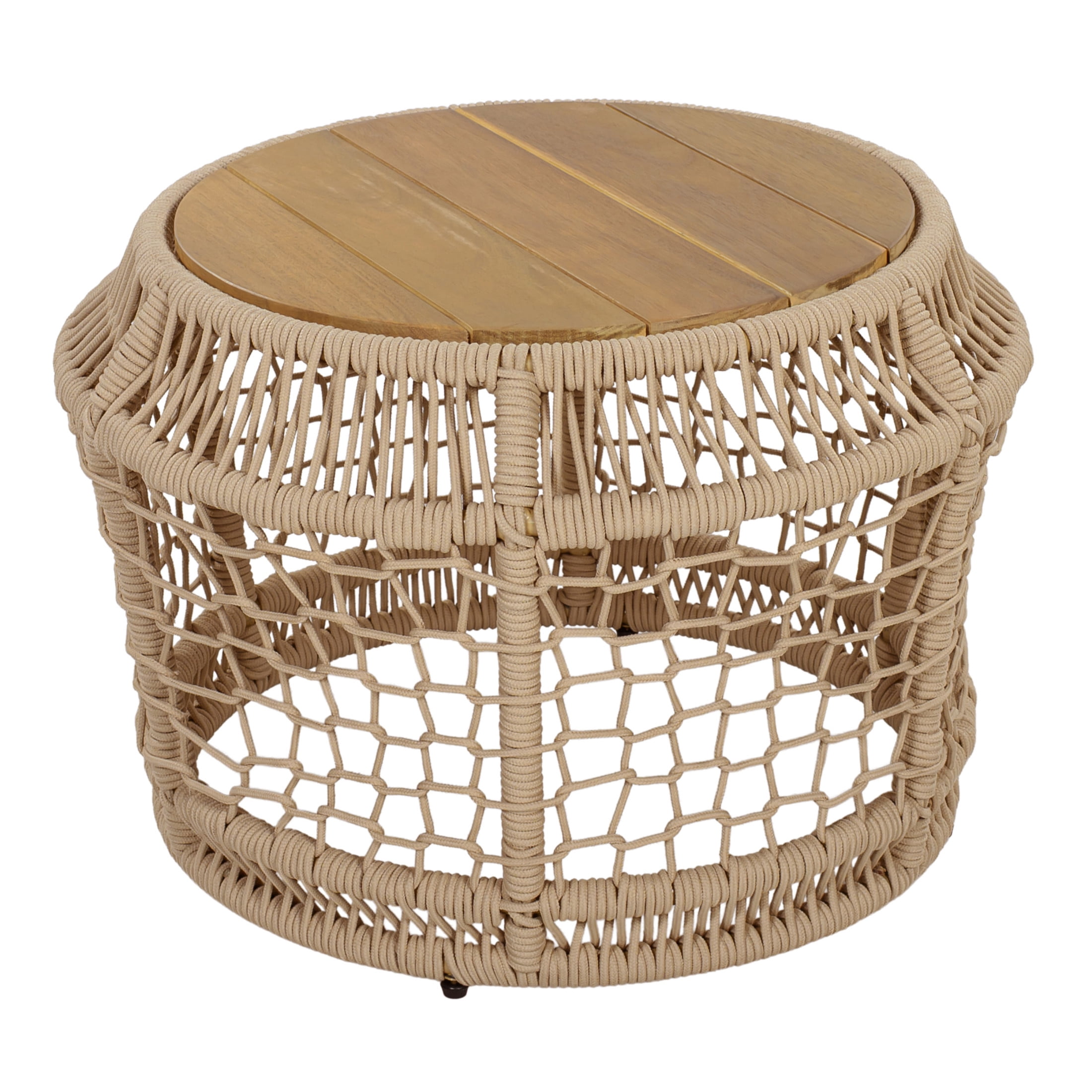 Christopher Knight Home 25.6" Coastal Round Wood Side Table with Rope Frame, Weather-Resistant, Light Beige