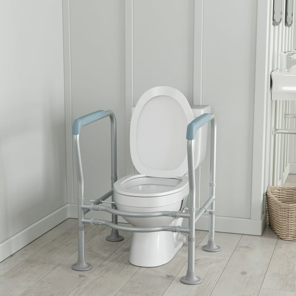 Flash Furniture Adjustable Toilet Safety Rail with Silver Steel Frame, Gray Padded Handles and Suction Cup Feet for Stability