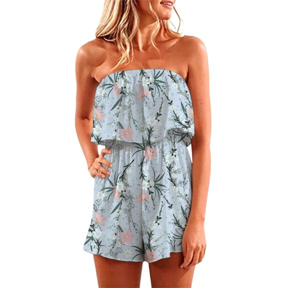 Shadoumai Women's Summer Rompers Off Shoulder Smocked Romper Casual Strapless Ruffle Wide Leg Shorts Jumpsuits