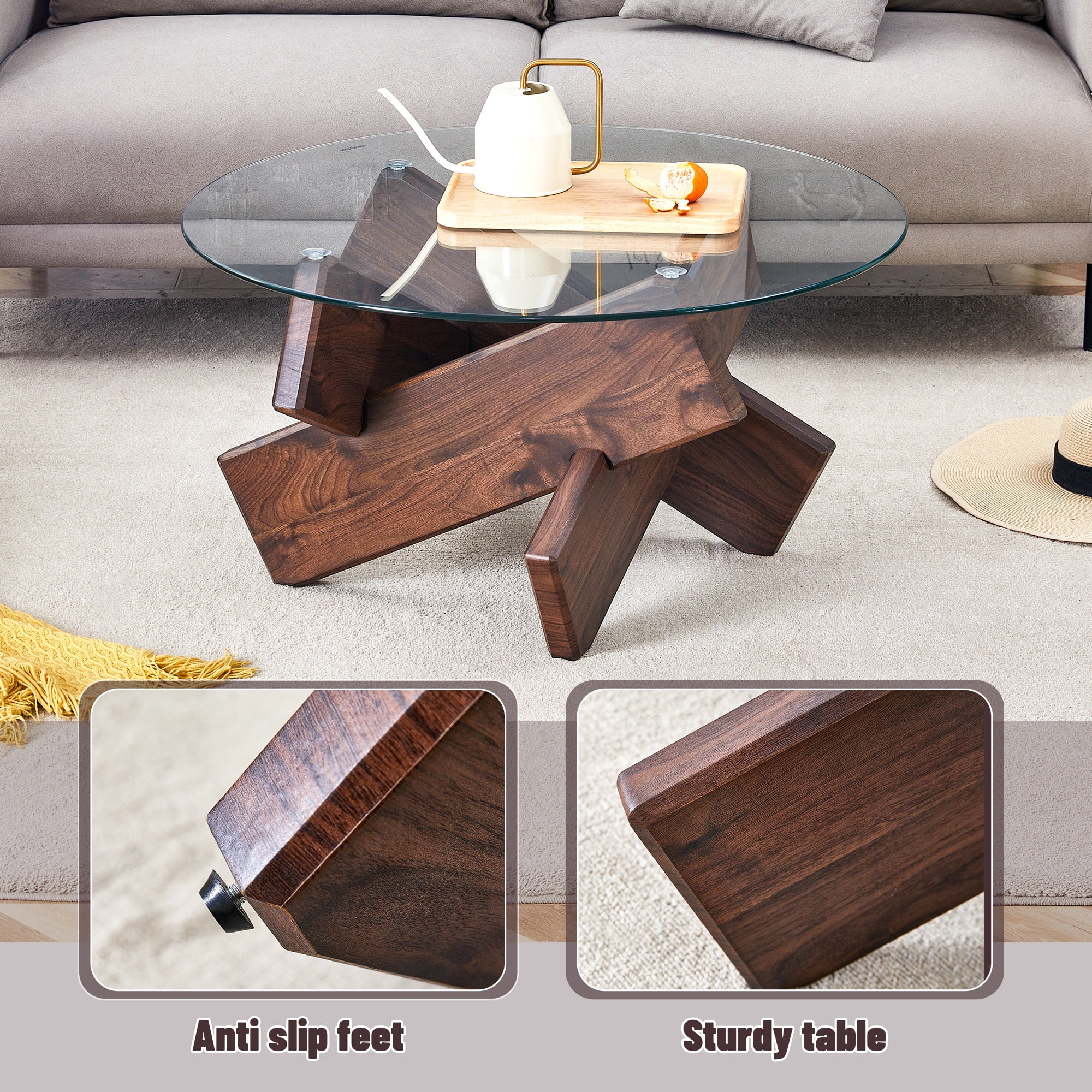 PORKISS Coffee Table, Glass Round Coffee Table for Living Room with Wood Legs, 33.4" Farmhouse Tea Table for Apartments, Reception Rooms, Center Table, Walnut