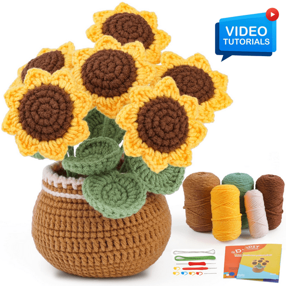ComfiTime Crochet Kit for Beginners to Intermediate – Amigurumi Starter Kit w/ Video Tutorials & Step-by-Step Instructions, Complete Animal Craft Accessories for Adults & Kids,Potted Sunflower