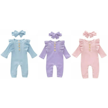 

DABOOM Newborn Baby Girl Romper 0-18 Months Jumpsuit Set Long Sleeve Cute Outfit Newborn Tops Cotton Pajamas with Headband