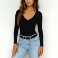 thumbnail image 5 of Stichou Women's Deep V Neck T Shirts Long Sleeve Casual Going Out Cropped Tops Slim Fitted Y2K Summer Spring Outfits Black L, 5 of 7