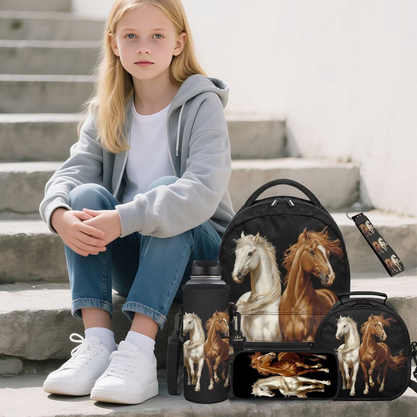 Pzuqiu Running Horses Boys Backpack Set of 5 School Bookbag Purse with Reusable Lunch Tote Bag Water Bottle Bag Pencil Case for Kids Elementary Schoolbags