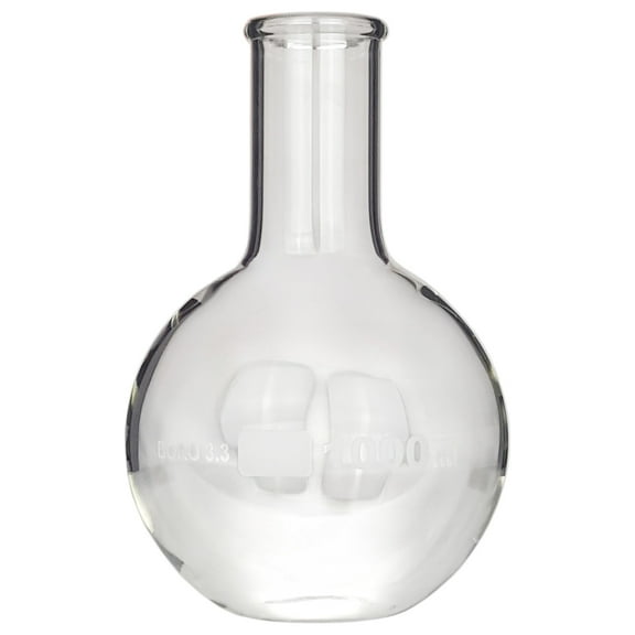 Flask, Flat-Bottom Florence Boiling Flask, Standard Neck, 1000ml capacity. Made from Borosilicate Glass. A good fit for any laboratory, science classroom, or homeschool.