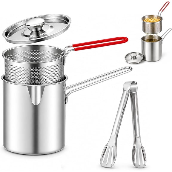 Mini Deep Fryer 1.2L Stainless Steel Pot with Strainer Basket and Lid Tong Set 4-Piece for Fries Chicken