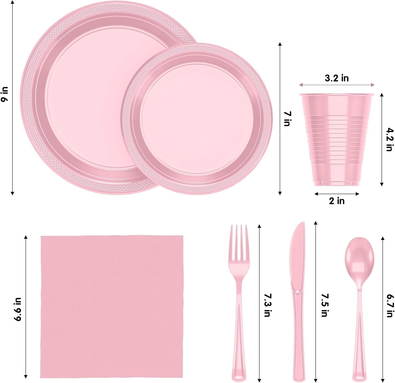 DFS 350-Piece Complete Pink Party Tableware Set, 50 Each of Dinner Plates, Dessert Plates, Cups, Napkins & Forks, Disposable Party Kit