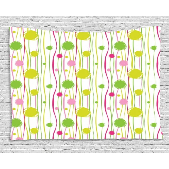 Green and Pink Tapestry, Doodle Style Random Wavy Stripes with Big Small Spots Kids Art Theme, Wall Hanging for Bedroom Living Room Dorm Decor, 80W X 60L Inches, Green Pink White, by Ambesonne