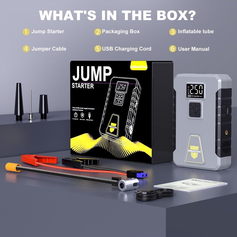 BSMOOM Car Jump Starter with Air Compressor, 12V 6000A Peak Portable Car Battery Jump Starter Jump Box, 150PSI Car Air Pump Tire Inflator Battery Charger with LED Light, LCD Display, Gray