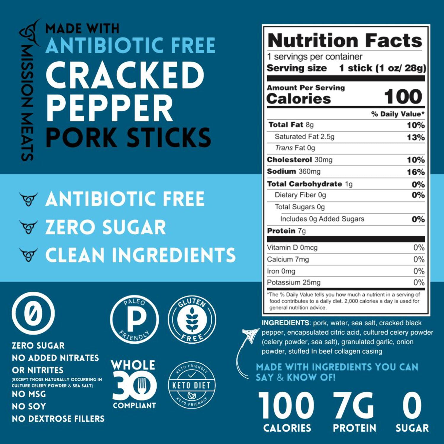 Mission Meats Cracked Pepper Pork Meat Sticks – Healthy Snacks for Kids & Adults, Sugar Free, AIP Friendly, Paleo, Whole 30, 1oz (Pack of 12)
