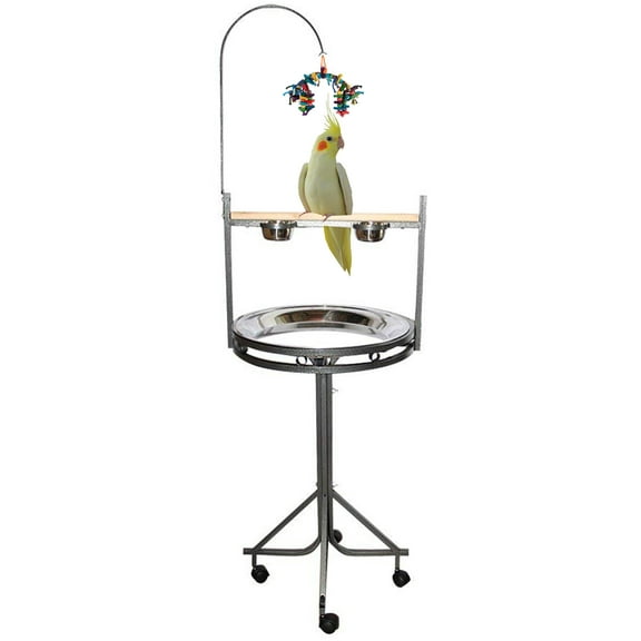 Large Elegant and Durable Wrought Iron Parrot Play Gym Ground Rolling Stand with Wooden Perch Stainless Steel Tray Toy Hook and Stainless Steel Cups