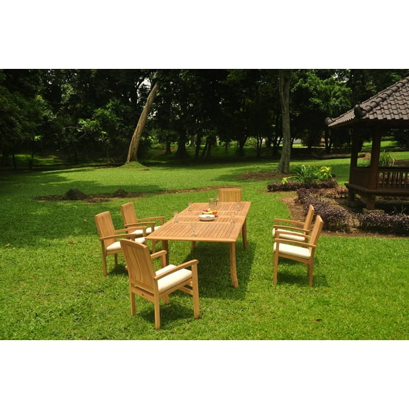 Grade-A Teak Dining Set: 6 Seater 7 Pc: 118" Double Extension Rectangle Table And 6 Wave Stacking Arm Chairs Outdoor Patio WholesaleTeak #WMDSWVq
