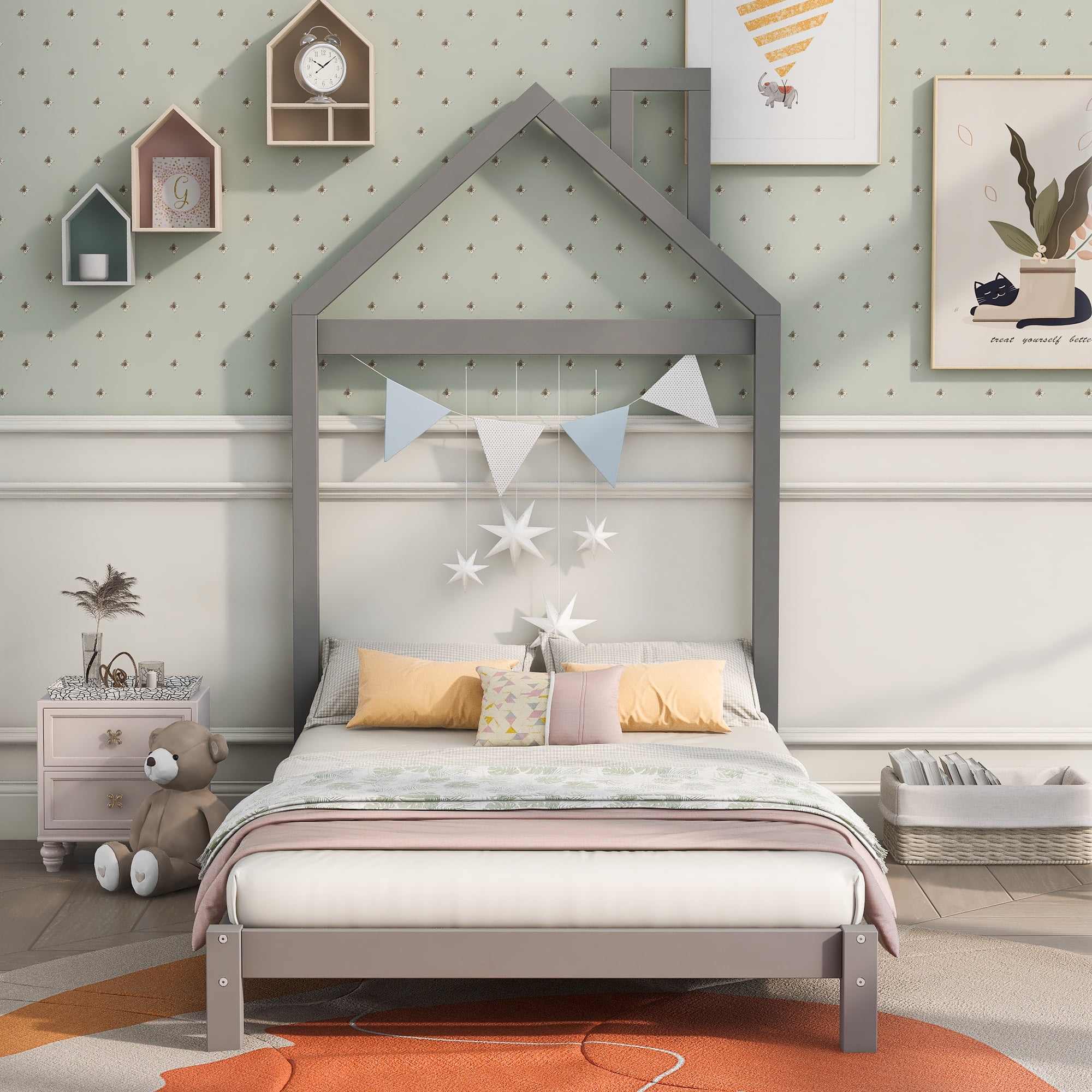 Gewnee Solid Wood Twin Size Platform Bed Frame with House Shaped Headboard for Kids Bedroom,Gray