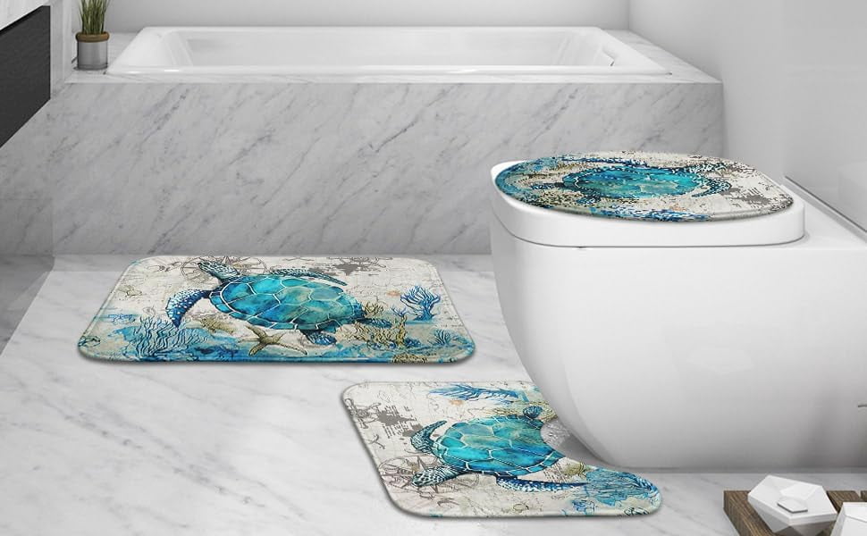 Blue Turtle Bathroom Rug Set of 3, 3 Pieces Bath Mats Set, Ocean Nautical Starfish Washable Cover Floor Rug Decorations for Kitchen Bathroom Bedroom