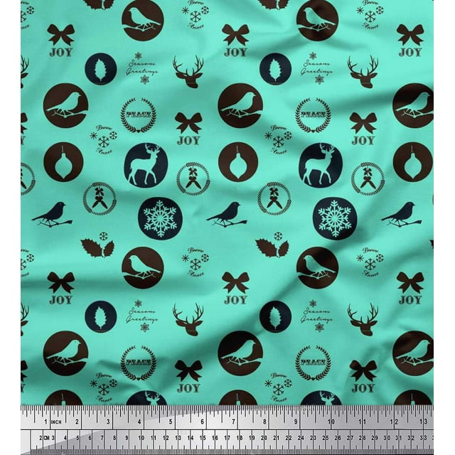 Soimoi Poly Georgette Fabric Reindeer,Bow & Bird Decor Fabric Printed Yard 52 Inch Wide