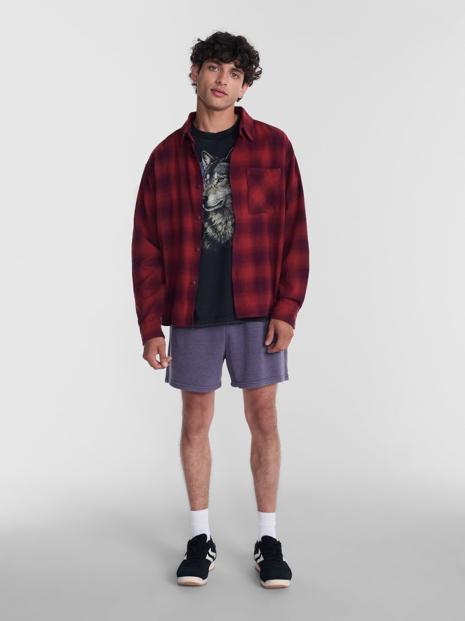 No Boundaries Boxy Cotton Plaid Flannel with Long Sleeves, Men's and Big Men's XS-4XLT