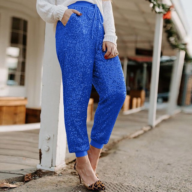 WILLBEST Pantalones Casuales para Mujer, Leggings de Cintura Alta con Lentejuelas y Cordón Ajustable para Fiestas de Moda. Extra Grande