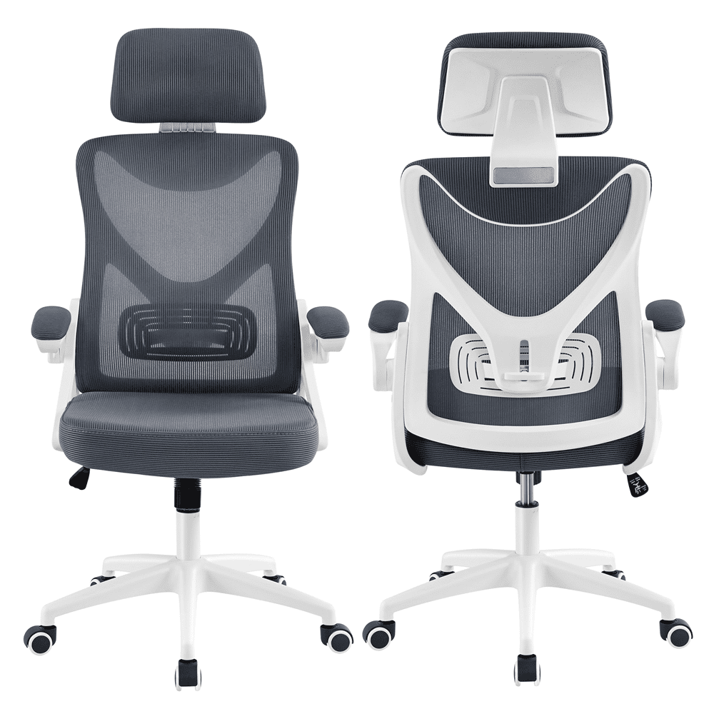 Yaheetech Adjustable High Back Mesh Office Chair with 90° Flip-up Armrest, White/Gray