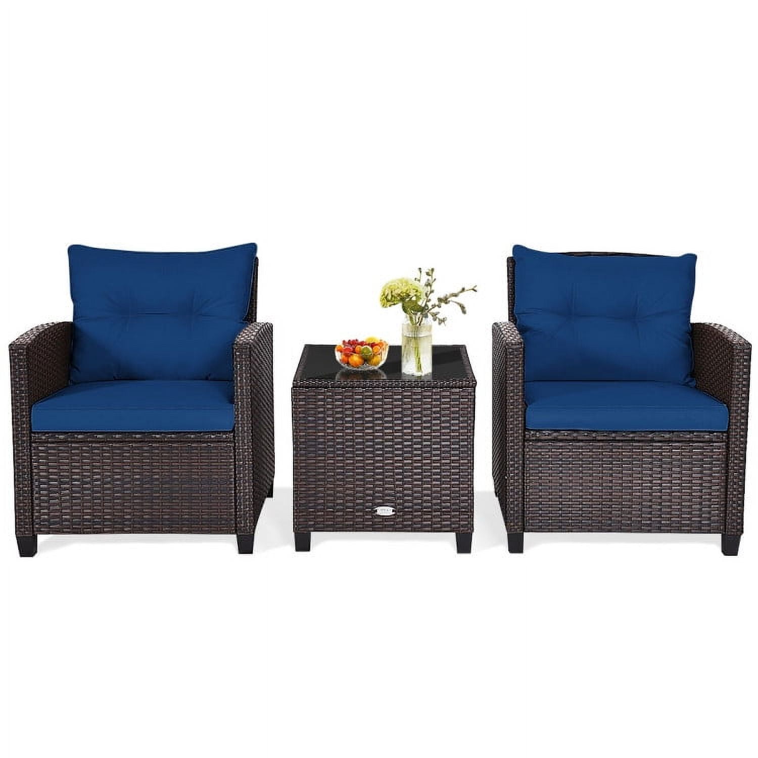 Aimee Lii 3 Pieces Wicker Patio Furniture Set, Coffee Table Cushioned Sofa, Modern Patio Furniture, Navy Aimee Lii 3 Pieces Wicker Patio Furniture Set, Coffee Table Cushioned Sofa, Modern Patio Furniture, Navy