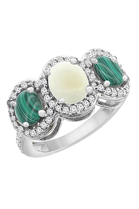 10K White Gold Natural Opal & Malachite 3-Stone Ring Oval Diamond Accent, size 9