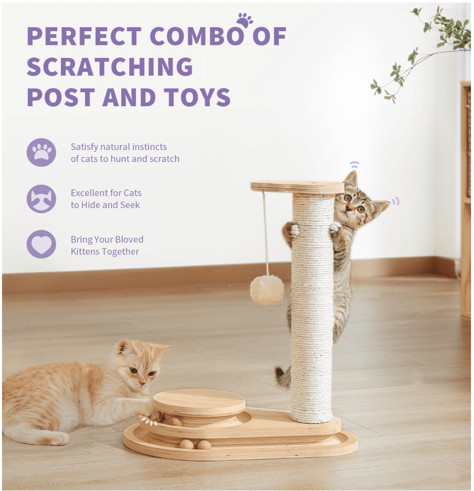 Cat Scratching Post Cat Scratcher Kitten Toys for Indoor Cats Wooden Ball Track Two-Layer Modern Sisal 17.7" Tall Scratch Post Interactive Toy with Dangling Ball