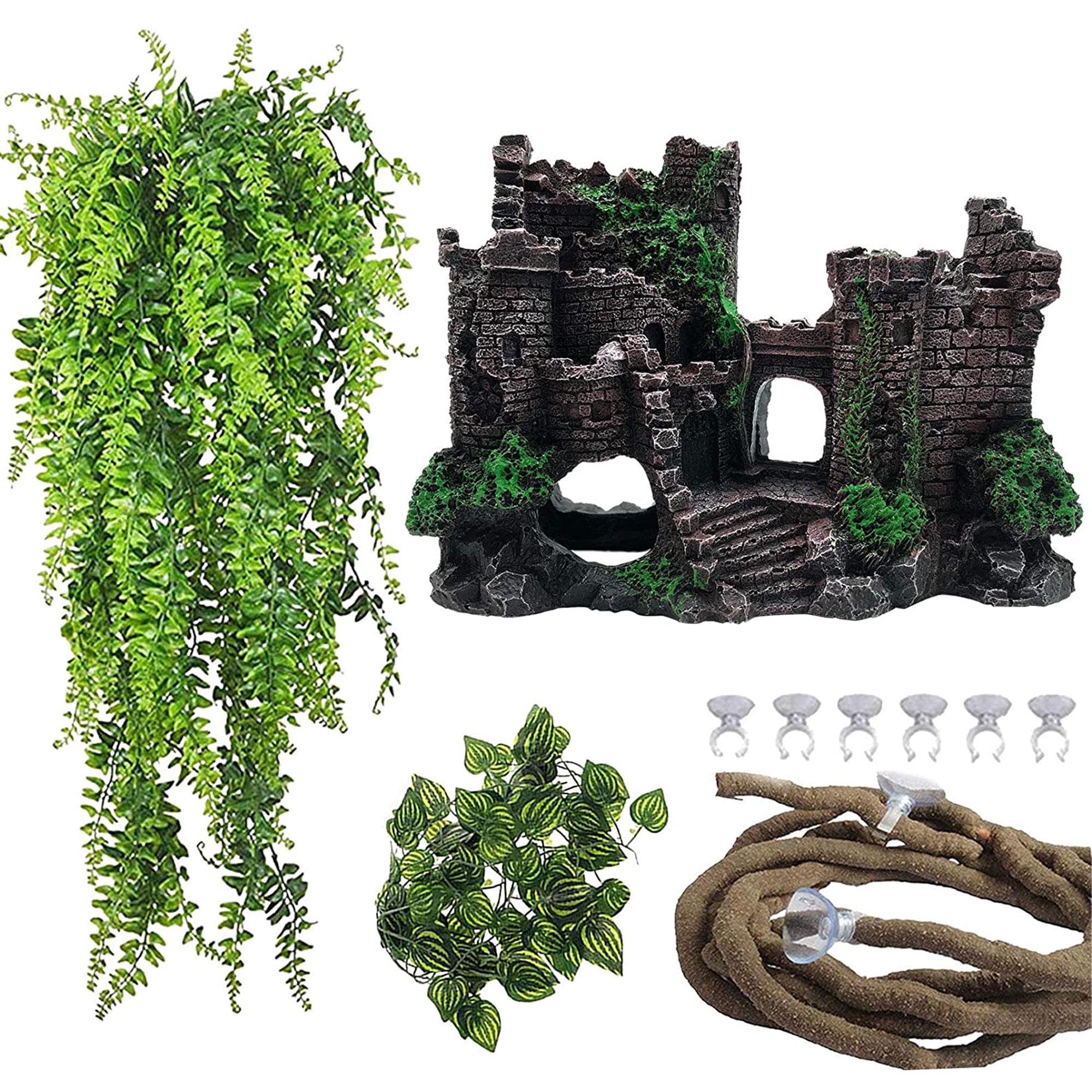 Reptile Resin Castle Decoration,Bearded Dragon Habitat Accessories Crested Gecko Hideouts Cave Reptiles Vines Flexible Jungle Climbing Vines Decor for Chameleon Snake Gecko Lizard(4 Pcs)
