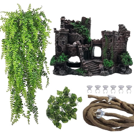 Reptile Resin Castle Decoration,Bearded Dragon Habitat Accessories Crested Gecko Hideouts Cave Reptiles Vines Flexible Jungle Climbing Vines Decor for Chameleon Snake Gecko Lizard(4 Pcs)