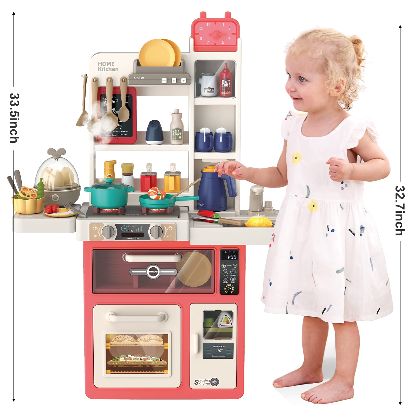 PayUSD Play Kitchen Set for Kids, 63 PCS 33Inch Pretend Play Food Toys Kitchen Set with Realistic Sounds & Lights, Play Sink, Simulation of Spray Kitchen Toys for Toddlers Girls Boys Gift, Pink