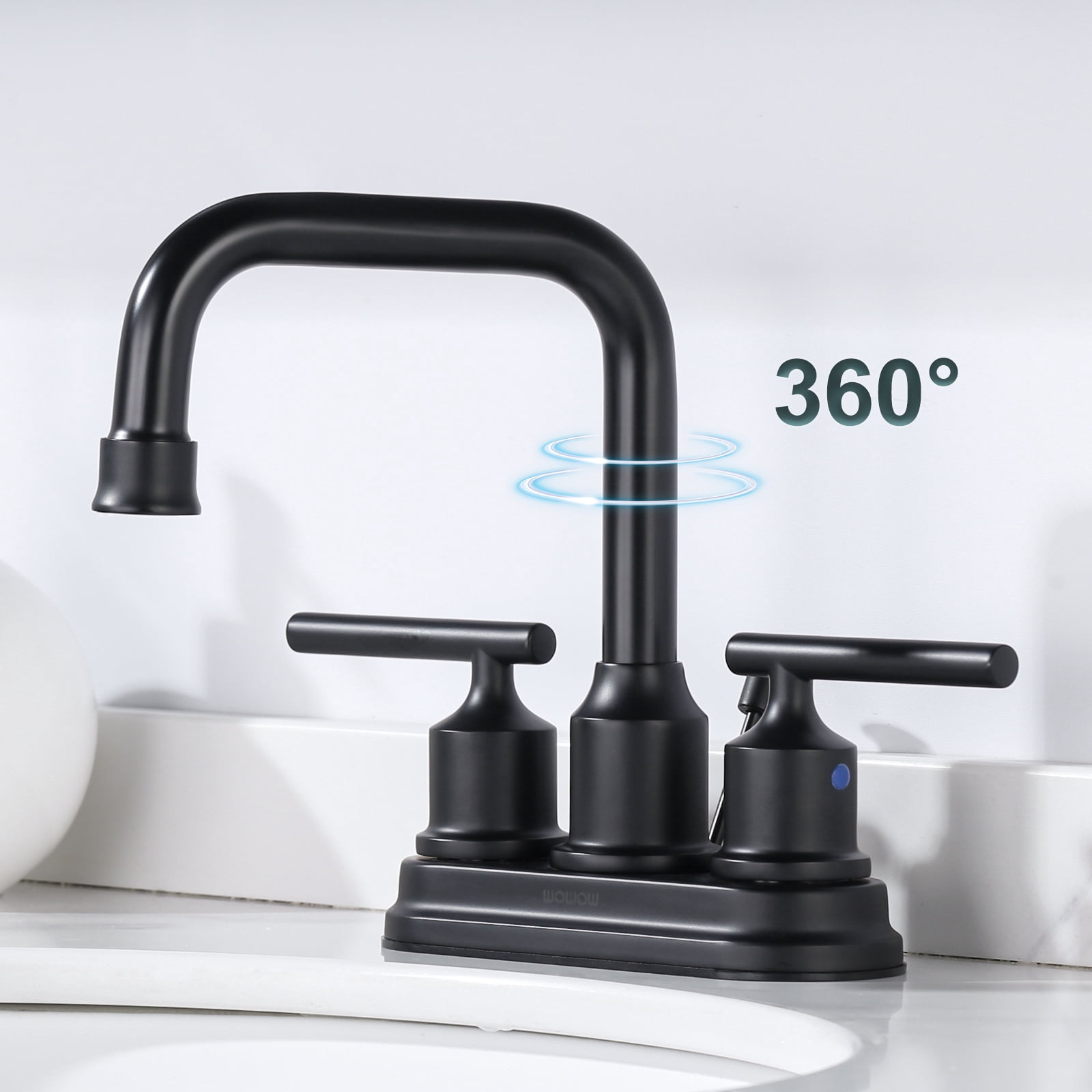 Wowow Centerset 4 in. 2-Handle High-Arc Bathroom Faucet with Drain and Supply line, Matte Black