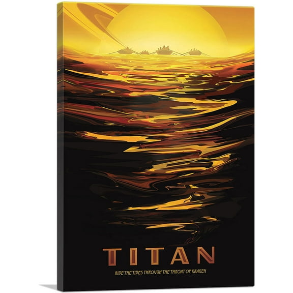 ARTCANVAS Titan Saturn's Largest Moon Ride the Tides Through the Throat of Kraken NASA Poster Canvas Art Print - Size: 26" x 18" (0.75" Deep)