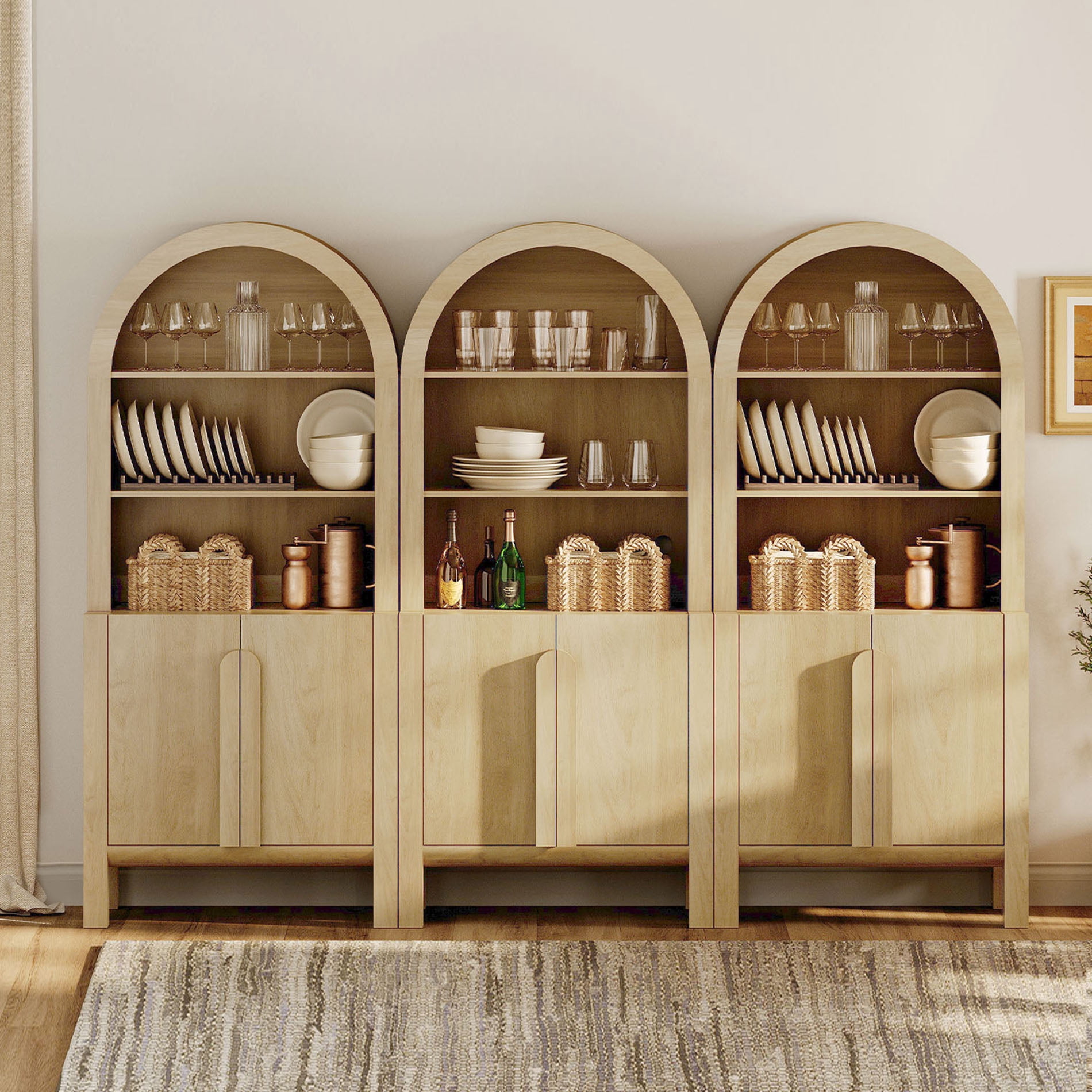 94.5"W Arched Kitchen Hutch Sideboard, Mid-Century Modern Buffet Hutch Cabinet with 6 Wooden Doors And 3 Tier Shelves