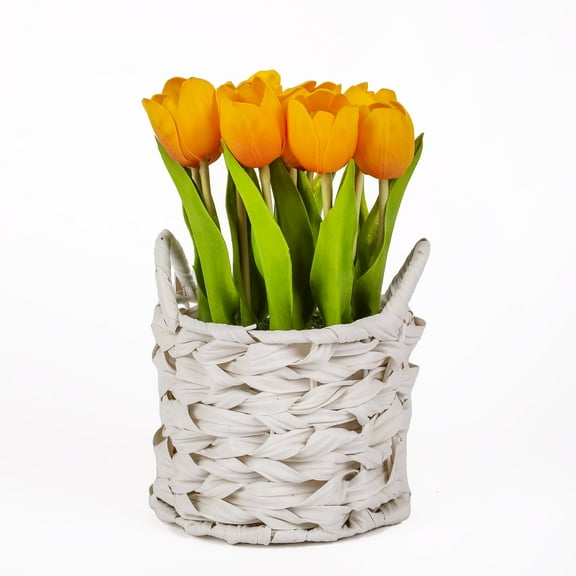 10 in. Orange Tulip Bouquet in White Basket