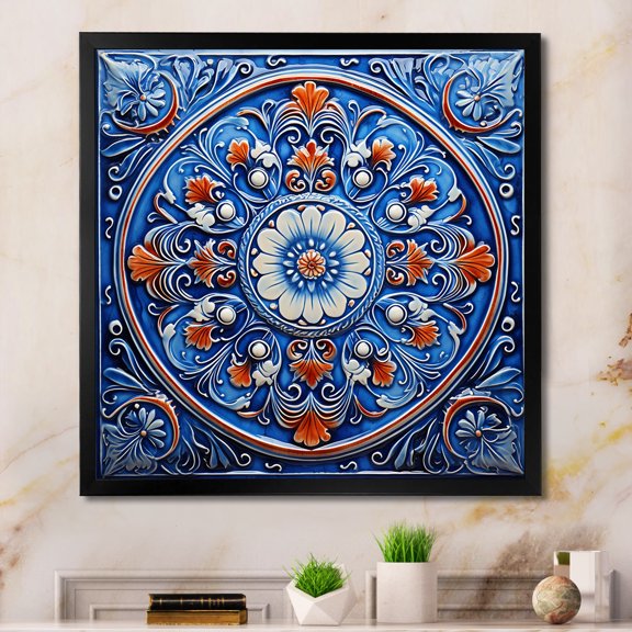 Designart "Bohemian Turkish Blue Tiles II" Geometric Framed Wall Art Decor - Bohemian Blue Boho Tiles Bedroom Framed Canvas Wall Art