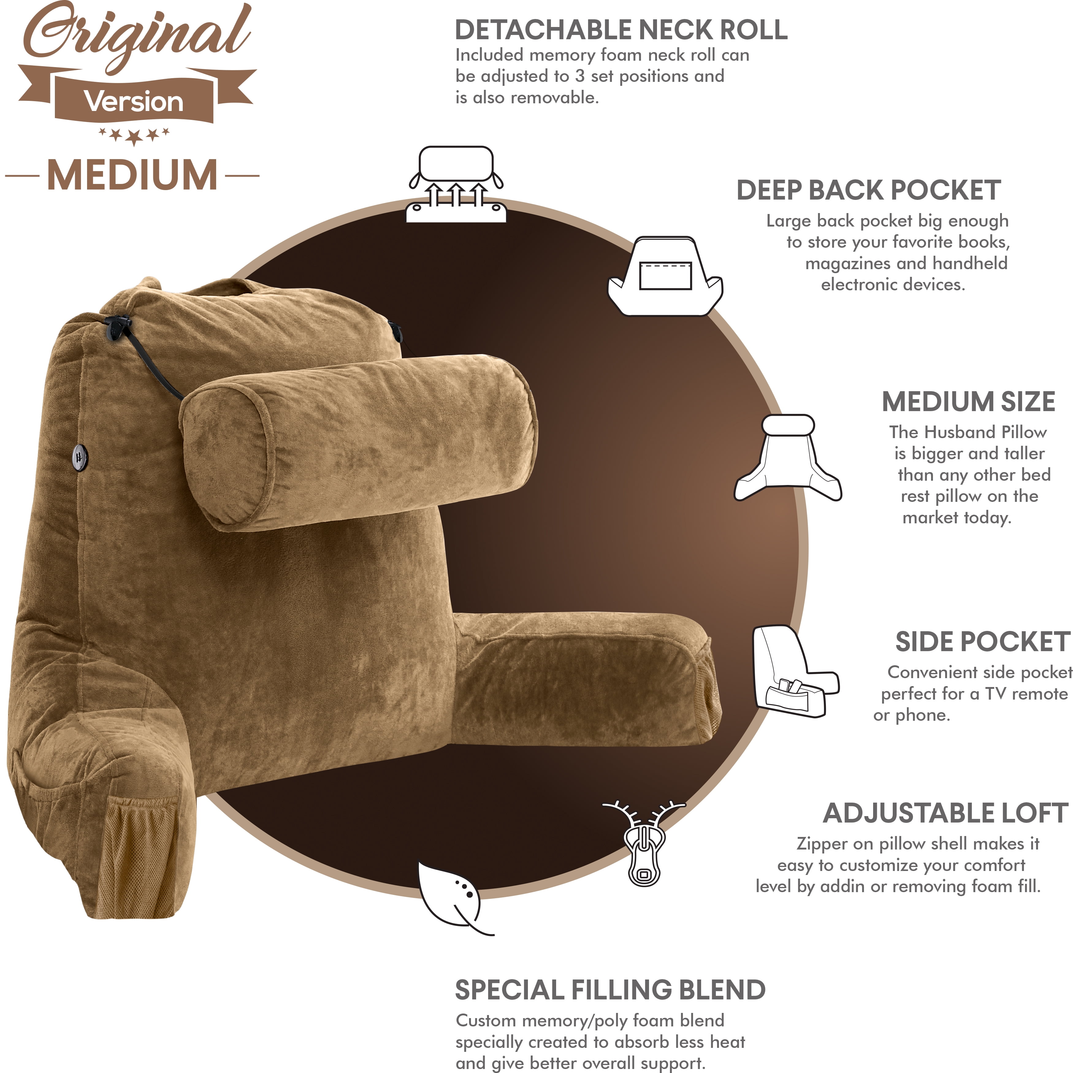 Husband Pillow Medium Tan, Backrest for Kids, Teens, Petite Adults - Reading Pillows With Arms, Adjustable Loft, Plush Memory Foam, Bed Rest Chair for Sitting Up, Detach Neck Roll, Removable Cover
