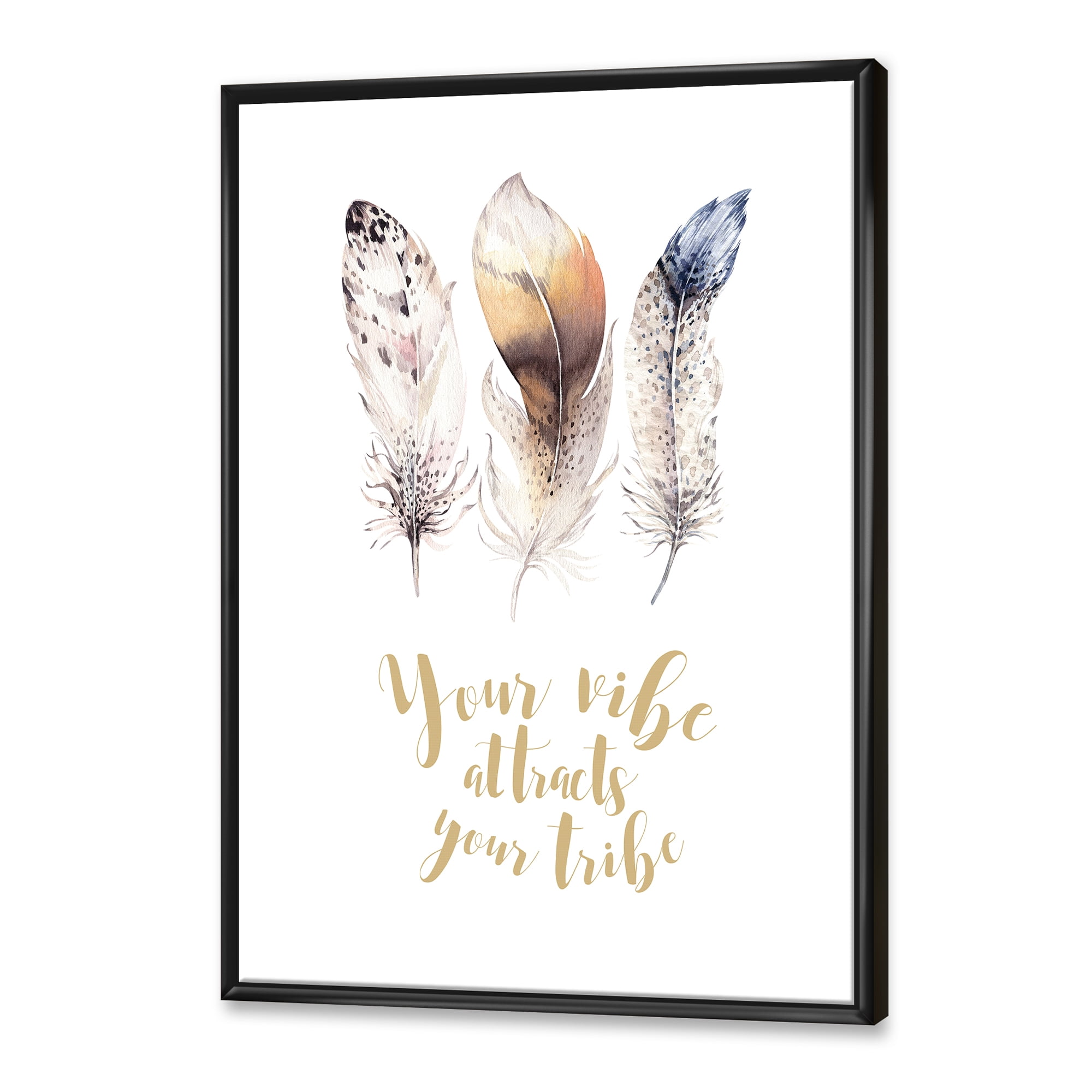 Designart 'Multicolored Ethnic Art Feathers With Inspiring Quote' Bohemian & Eclectic Framed Canvas Wall Art Print