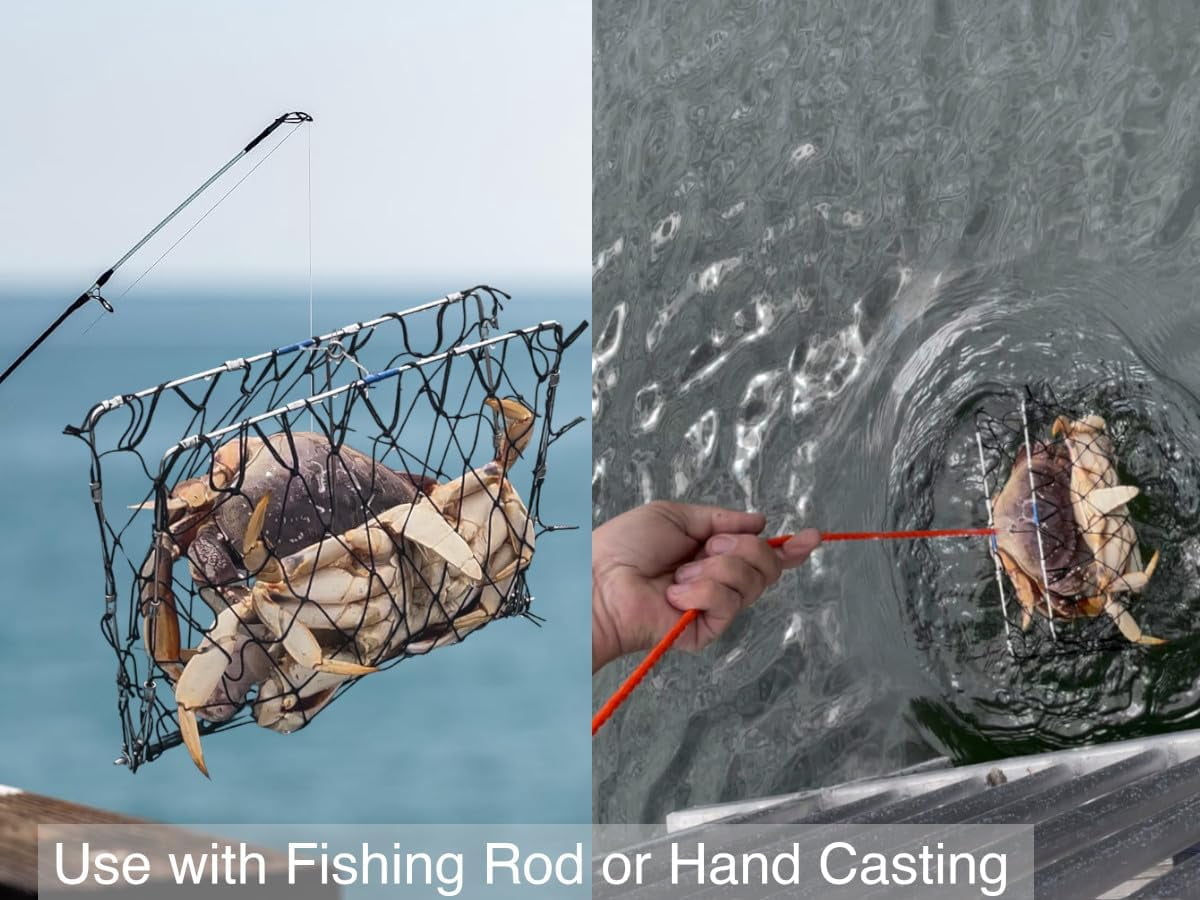 AirFly Foldable Crabjaw Trap with Bait Clip - Castable Crab Hawk Potfor Dungeness and Blue Crabs in FL, OR, WA, TX, Designed in USA (3pcs Crab Trap + Gauge + Glove)